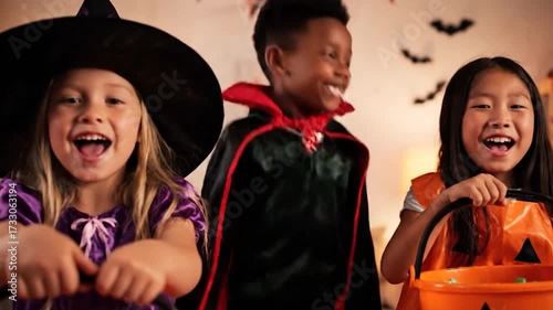 A Happy Halloween Party A Diverse Group of Friends Asking for Candy
