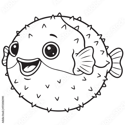 Line art illustration of a chubby, cheerful cartoon pufferfish or porcupinefish fully inflated and covered in spikes, featuring a wide, happy open mouth and large eyes. Perfect for children's coloring