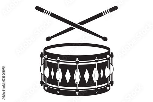 Black and white illustration of a drum with drumsticks isolated on white background, representing music, rhythm, and percussion instruments vector illustration
