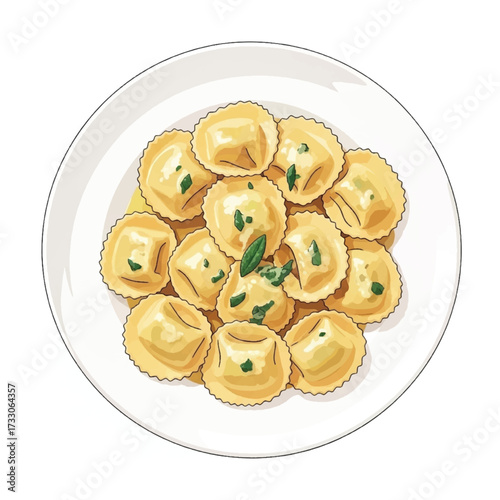 A top-down illustration of a white plate filled with delicious ravioli pasta garnished with fresh green herbs.