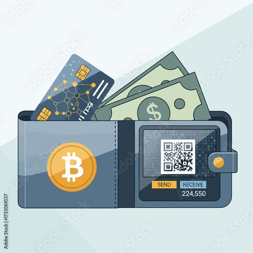 Crypto wallet vector illustration. Digital wallet technology for cryptocurrency bitcoin. E-payment concept. International money transfer vector illustration
