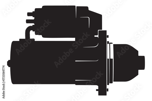 Silhouette of a starter isolated on white background, an electric motor that rotates the internal combustion engine to initiate the engines operation vector illustration