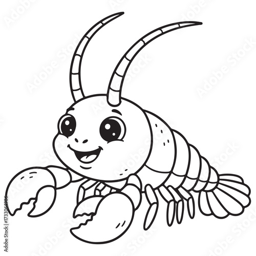 Line art illustration of a happy, adorable cartoon lobster featuring large claws, a segmented tail, and long, smiling antennae. Ideal line art for children's coloring books, seafood menus.