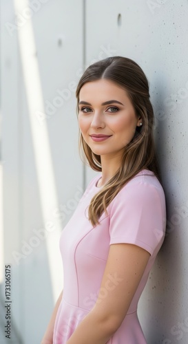 Beautiful Young Woman in Pink Dress Leaning Against Wall – Elegant Female Fashion Portrait Outdoors Free Download Beautiful Young Woman in Pink Dress Leaning Against Wall – Elegant Female Fashion Portrait Outdoors - GFXLoad