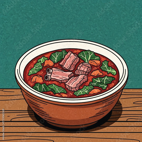 A hearty bowl of beef ribs stew with greens and carrots, served in a rustic ceramic bowl on a wooden table.