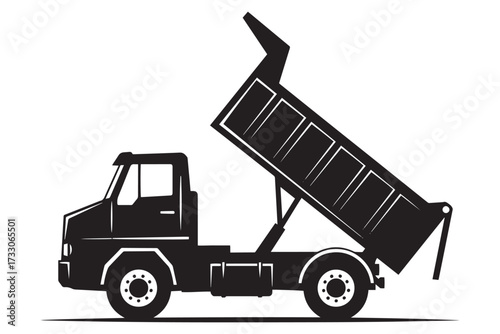 A black and white illustration of a dump truck with its bed raised, isolated on white background, ready to unload its cargo in a construction site vector illustration