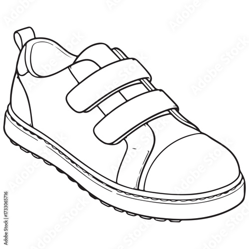 Line art illustration of a simple, low-top shoe featuring a rounded toe, a textured sole, and two adjustable hook-and-loop straps instead of laces. Ideal for kids' coloring pages.