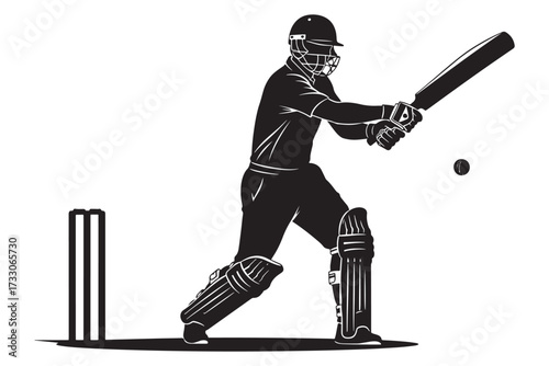 A cricket batsman in action, poised to strike the ball with his bat, wearing protective gear and helmet, isolated on white background vector illustration