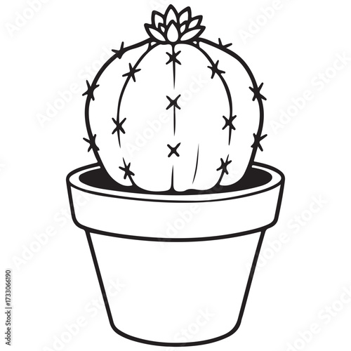 Line art illustration of a simple, round barrel cactus planted in a classic flower pot, featuring small spines and a decorative bloom on top. Great for botanical or desert-themed coloring. 