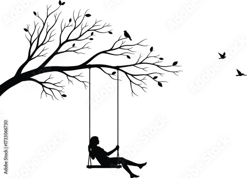 Silhouette of a person swinging on a swing hanging from a bare tree branch with birds flying in the sky