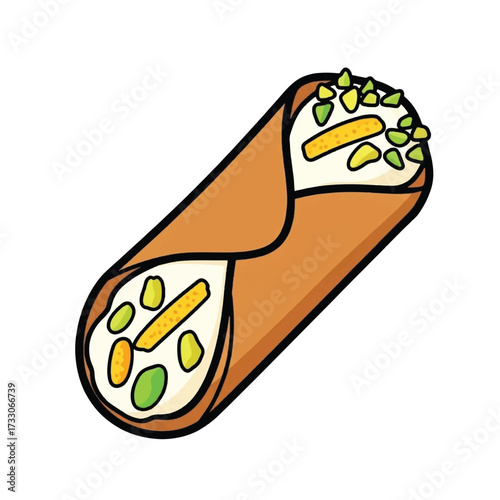 A cartoon illustration of a delicious cannoli pastry filled with creamy ricotta cheese and topped with chopped pistachios and candied fruit.