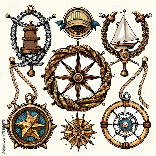 Intricately detailed badges and frames made from woven rope, rusted anchors, sailing ship wheels, and antique compasses. Include elements like splintered wood textures, nautical stars, and wave motifs