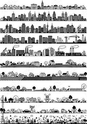 Collection of diverse architectural cityscapes and rural landscapes in black and white silhouette style for design