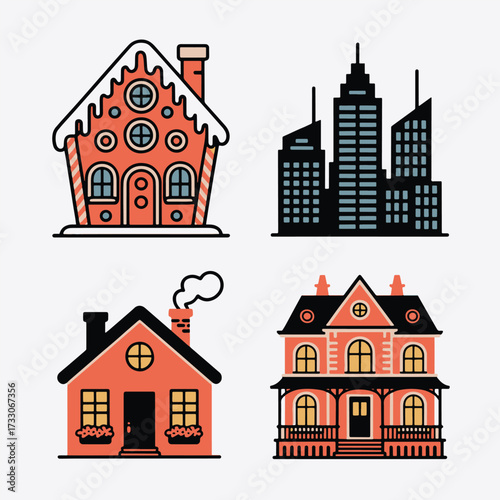 Four diverse house illustrations in a flat design style with a warm color palette Keywords: house, home, building, architecture, illustration