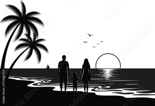 Silhouetted family standing on a tropical beach watching a beautiful sunset over the ocean with palm trees