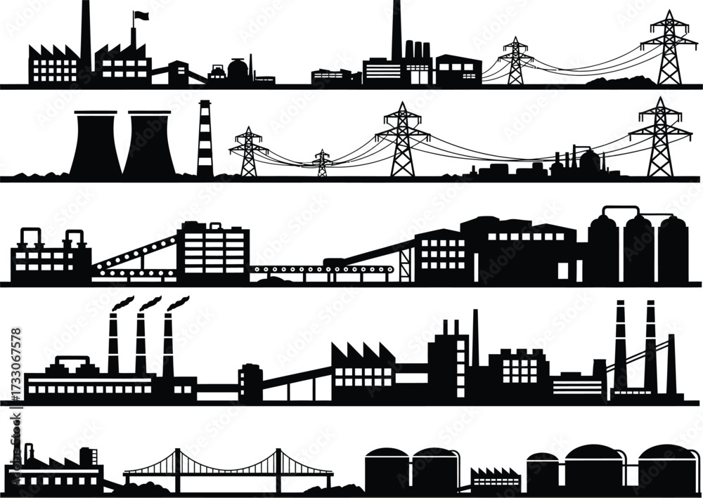 Obraz premium Collection of industrial factory silhouettes showing power lines smokestacks and manufacturing plants