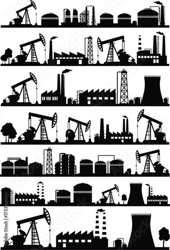 Industrial landscape silhouettes featuring oil pump jacks and factory chimneys against a white background