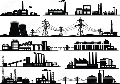 Collection of industrial factory silhouettes featuring power plants and manufacturing plants against a white background