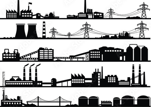 Collection of industrial factory silhouettes showing power lines smokestacks and manufacturing plants