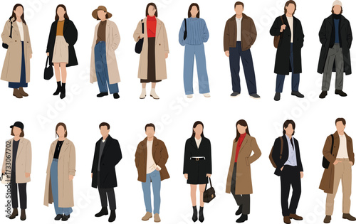 Diverse group of stylish men and women showcasing modern fall and winter fashion outfits isolated on white background