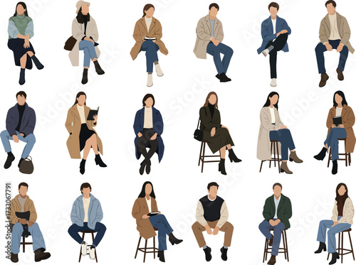 Diverse group of young adults and teenagers sitting in a variety of casual poses and stylish outfits