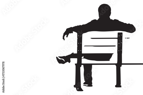 A silhouette of a person sitting on a bench is depicted in a black and white illustration isolated on white background, relaxing with legs crossed vector illustration