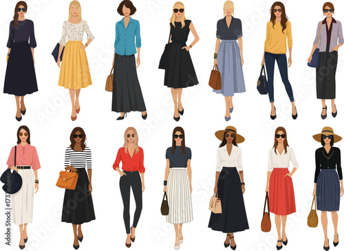 Diverse group of fashionably dressed women showcasing stylish outfits and accessories in a clean studio setting