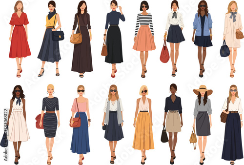 Diverse group of stylish women in fashionable outfits showcasing various clothing styles and accessories against a white background