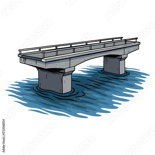 Vector Illustration of Modern Concrete Bridge with Water in Minimalist Style in Cool Blue and Gray Colors