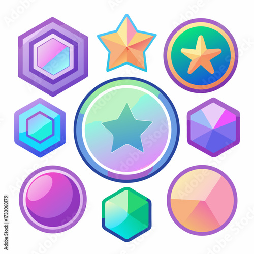 A collection of badges (in various simple shapes like circles, hexagons, and stars) that have the iridescent, rainbow shine of holographic foil or cellophane. The design is in the stunning color effec