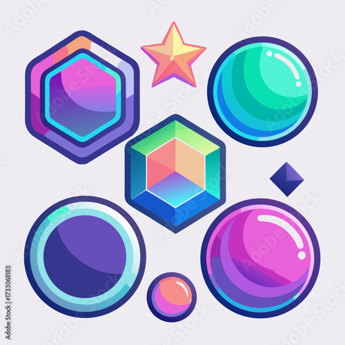 A collection of badges (in various simple shapes like circles, hexagons, and stars) that have the iridescent, rainbow shine of holographic foil or cellophane. The design is in the stunning color effec
