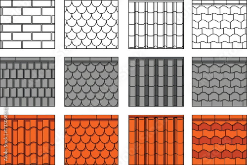 Collection of twelve distinct roof tile patterns and brickwork textures in black white and orange for architectural design inspiration