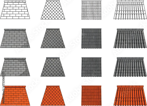 Collection of sixteen different architectural textures and patterns for building materials and design elements
