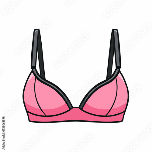 Pink bra with black straps sits on white surface, ready to be worn for comfort and support. with vibrant colors and excellent composition.