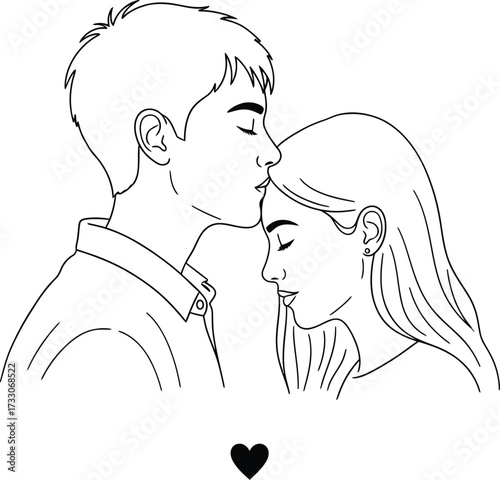 Romantic hand drawn sketch of a couple sharing a tender kiss with a small heart symbol below them