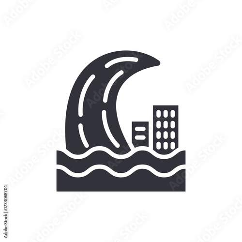 Tsunami Wave Approaching Urban Landscape Disaster Hazard Icon Design