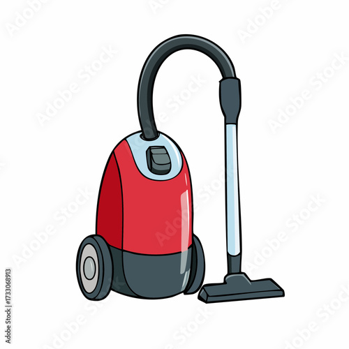 Red and black cartoon vacuum cleaner for home cleaning