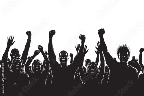 Silhouette of a crowd of people cheering and raising their fists in the air, isolated on white background, expressing joy, excitement, and solidarity vector illustration