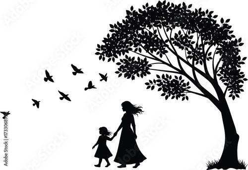 Silhouette of a mother and child holding hands under a large tree with birds flying away into the sky