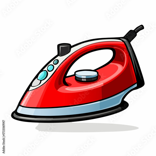 Red iron sits on white surface ready for ironing clothes in bright light, symbolizing domestic chores and household tasks.