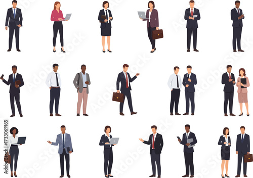 Diverse group of business professionals in formal attire standing and interacting in a studio setting with a white background