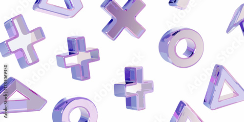 Seamless pattern of translucent purple and pink geometric shapes like crosses circles and triangles on a white background