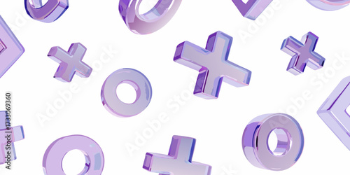 Abstract 3d rendered tic tac toe game pieces in translucent purple glass on white background