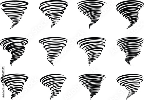 Collection of twelve hand drawn black and white tornado illustrations in a grid formation on a white background