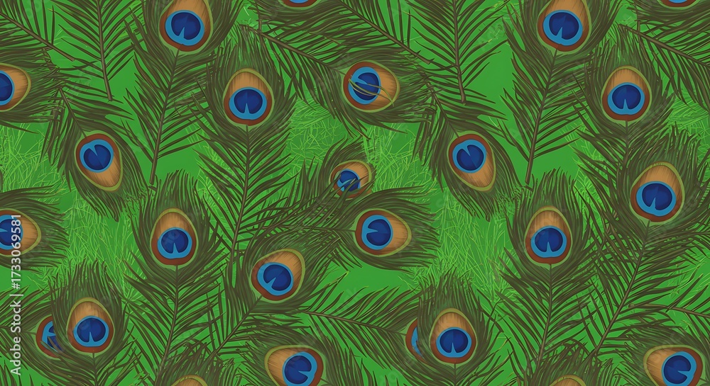 Obraz premium Seamless peacock feather pattern on green background decorative design