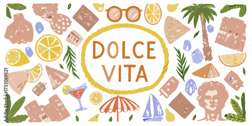 Dolce vita italian summer lifestyle elements with lemons palm tree and sailboat