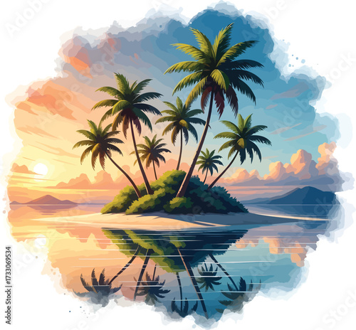 Vibrant watercolor painting of a small tropical island with lush palm trees reflected in calm ocean water at sunset