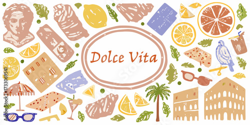 Dolce vita italian lifestyle collage featuring roman landmarks citrus fruits and beach elements