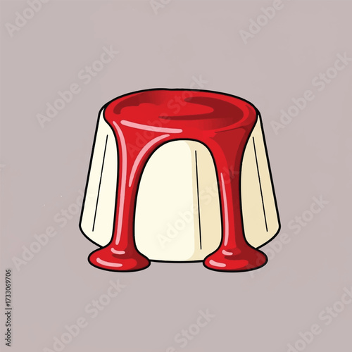 A simple cartoon illustration of a white panna cotta dessert with red berry sauce dripping down the sides.