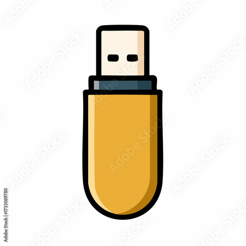 Yellow usb drive storing data for file transfer on white surface, representing modern technology with simple style.